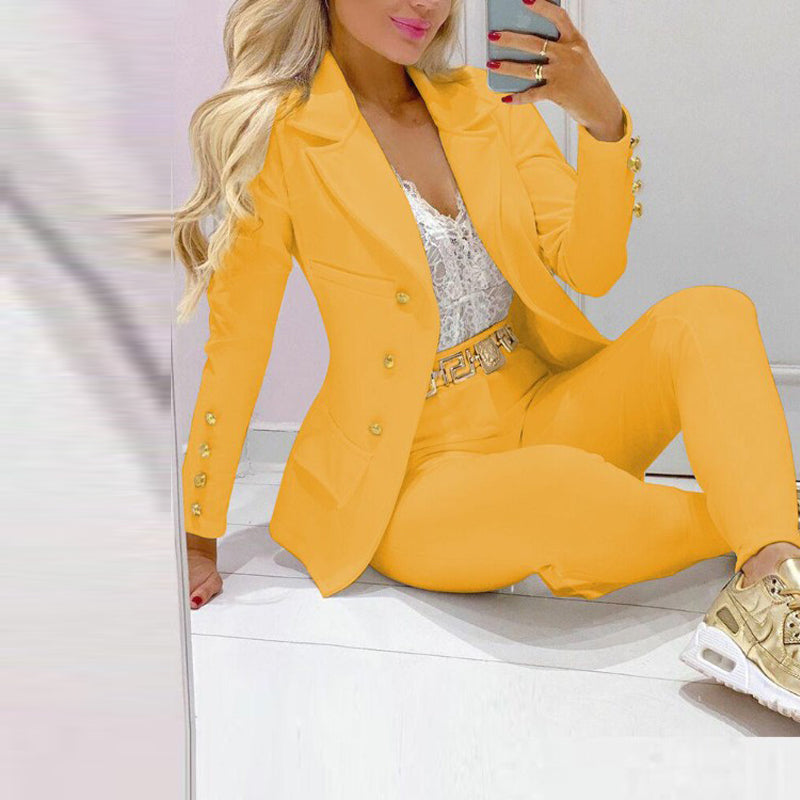 Women's Solid Color Notch Lapel Suit Set, Slim Fit Blazer With Pocket & Trousers, Formal Office Pant Suit