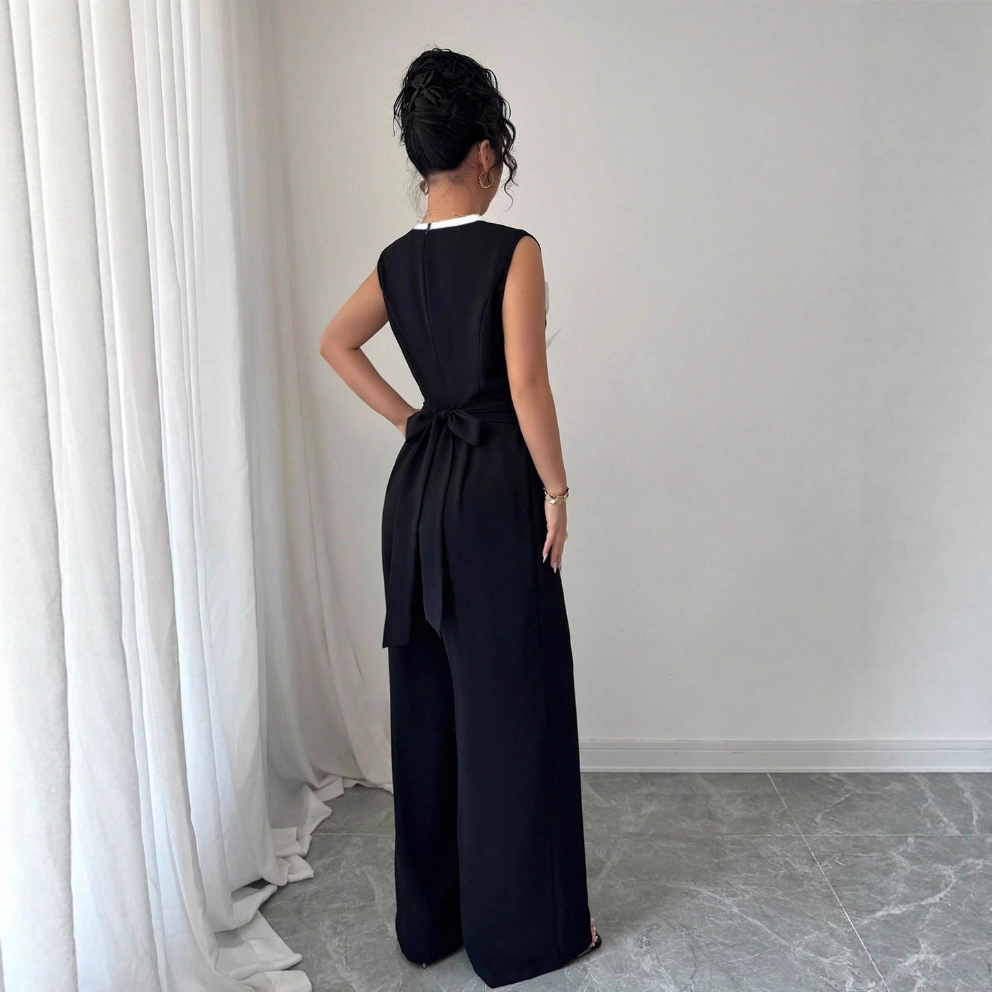 Elegant Embroidered Black Crew-Neck Sleeveless Wide-Leg Jumpsuit