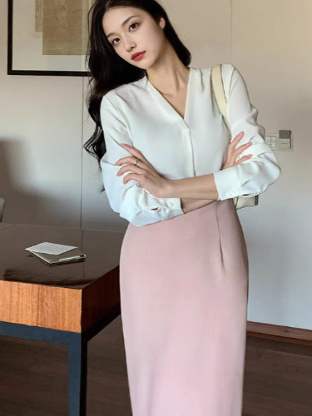 V-neck Long Sleeve Loose Korean Style Summer Business Chiffon Blouse Women