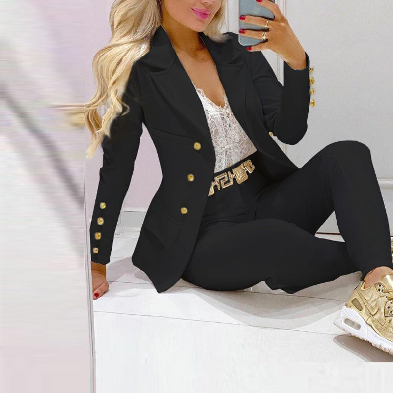 Women's Solid Color Notch Lapel Suit Set, Slim Fit Blazer With Pocket & Trousers, Formal Office Pant Suit
