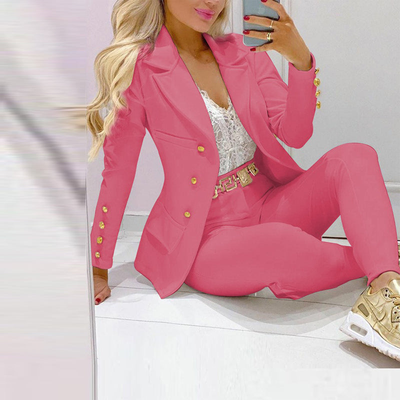 Women's Solid Color Notch Lapel Suit Set, Slim Fit Blazer With Pocket & Trousers, Formal Office Pant Suit