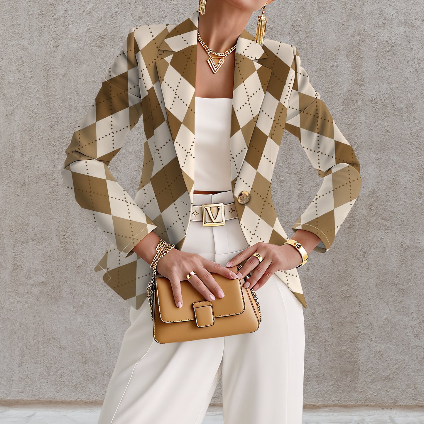 Knitted Blazer With Notched Collar And Chic Print For A Sophisticated Look