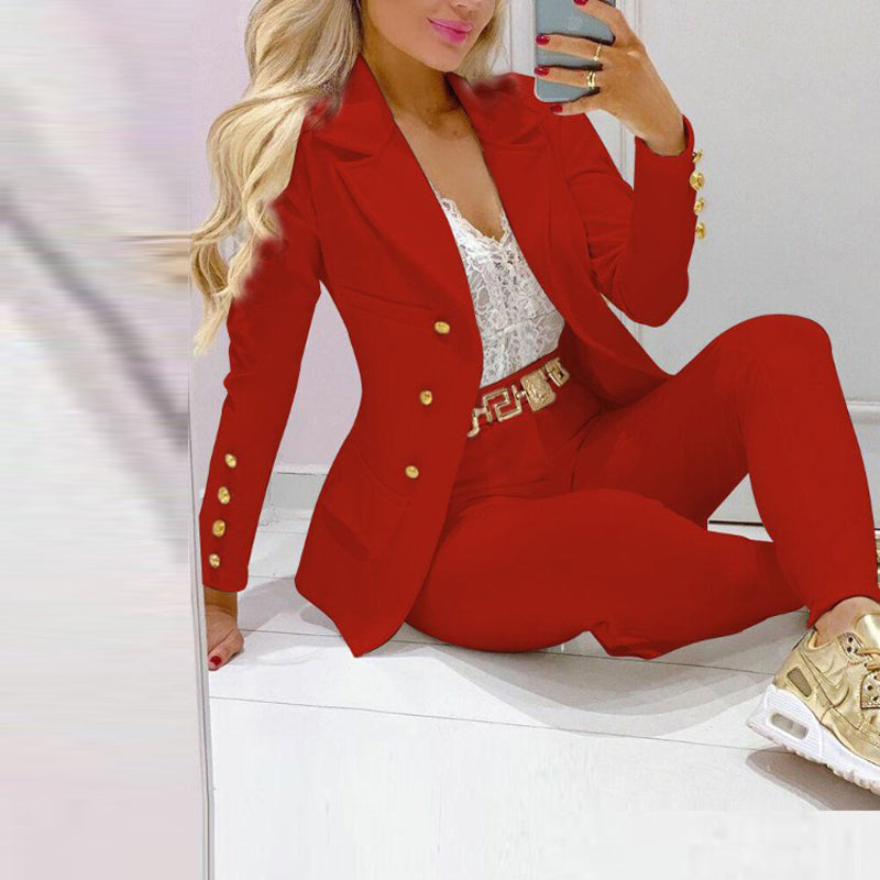 Women's Solid Color Notch Lapel Suit Set, Slim Fit Blazer With Pocket & Trousers, Formal Office Pant Suit