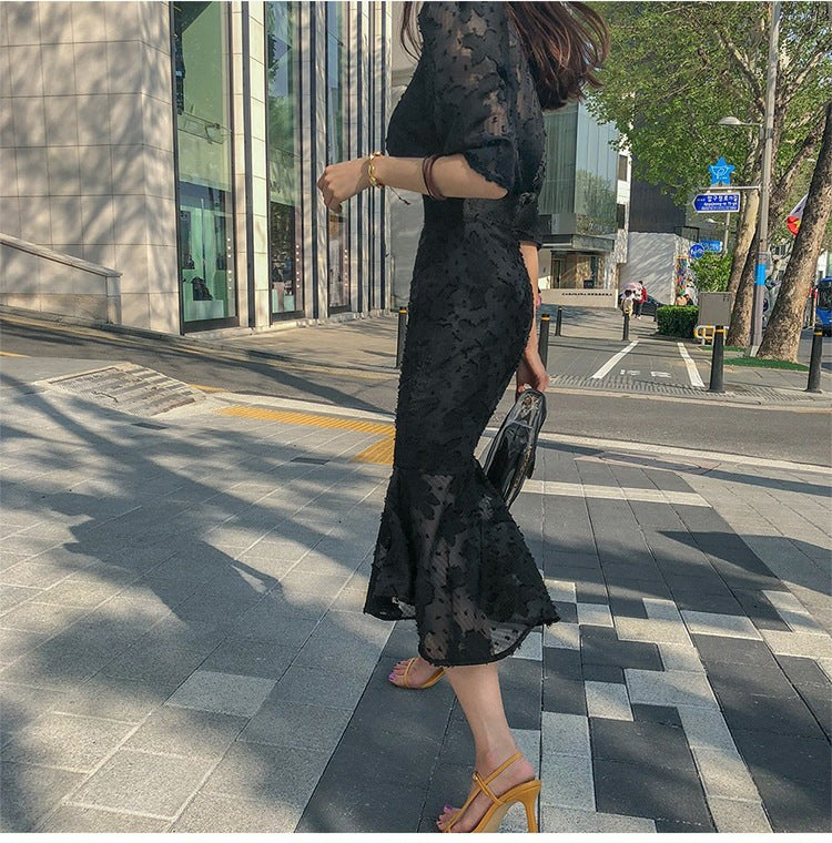 Women's New V-Neck Fake Two Piece High Waist Fishtail Chiffon Dress