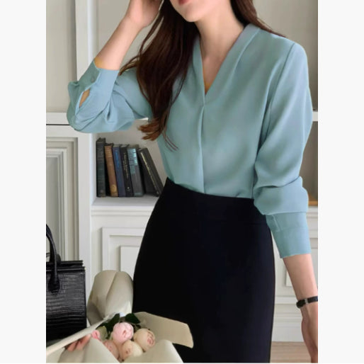 V-neck Long Sleeve Loose Korean Style Summer Business Chiffon Blouse Women