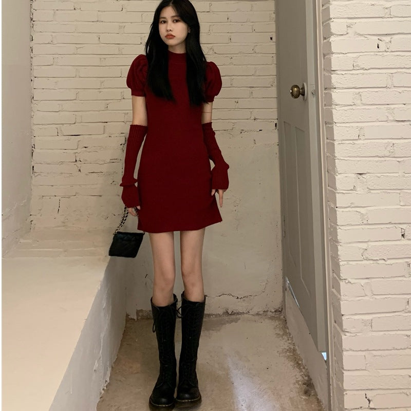 Womens Slim-fit Red Knitted Dress